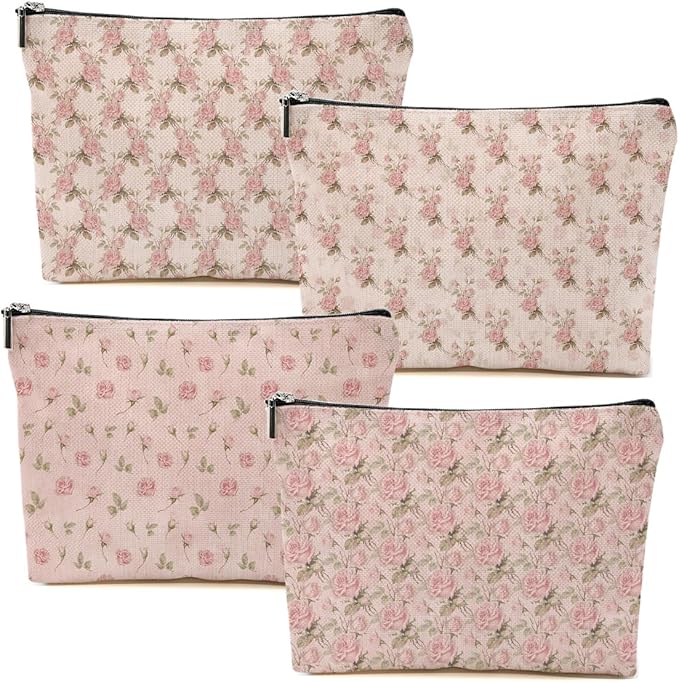 4pcs Pink Vintage Roses Floral Makeup Bag, Rose Gifts for Women Girl Sister