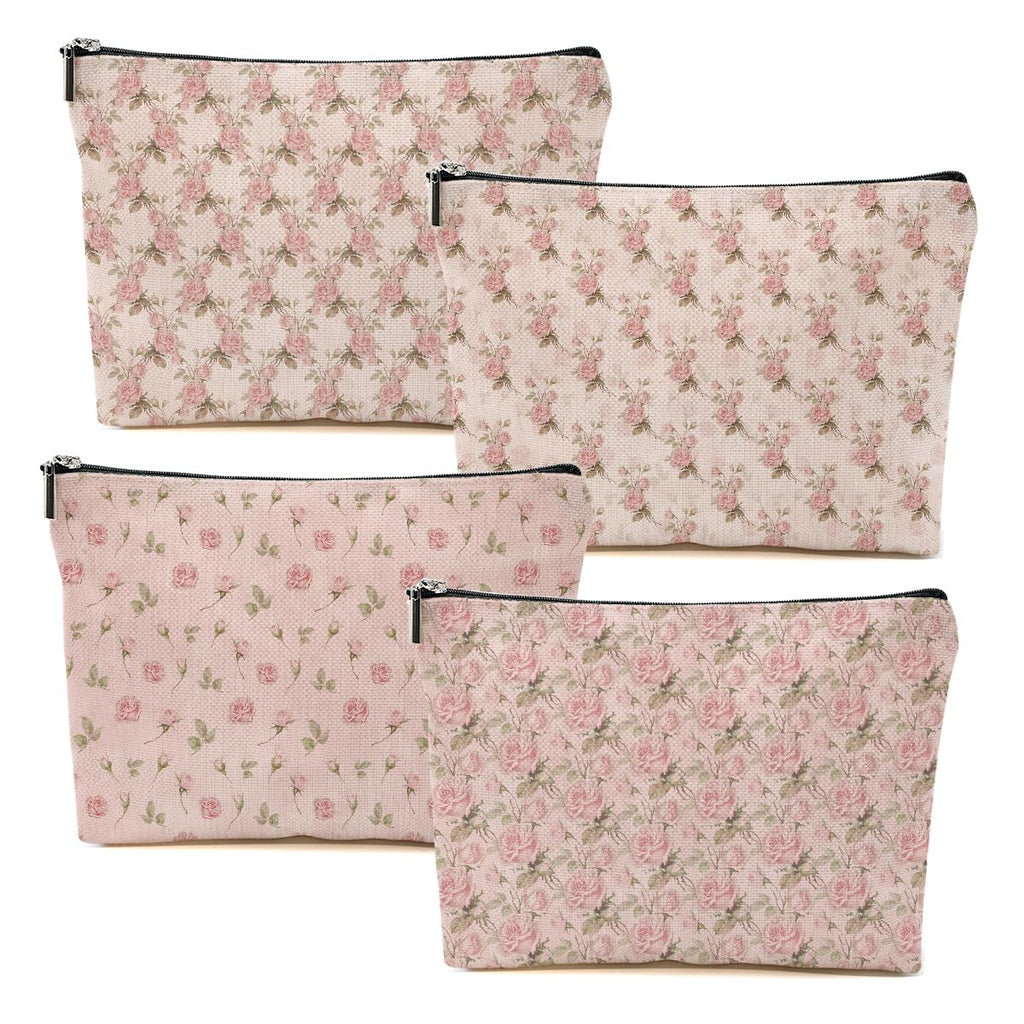4pcs Pink Vintage Roses Floral Makeup Bag, Rose Gifts for Women Girl Sister