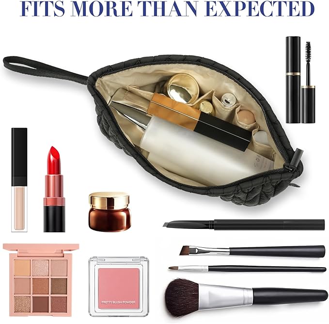 Gloppie Makeup Bag for Purse Small Puffy Cosmetic Bag Wristlet Pouch Black