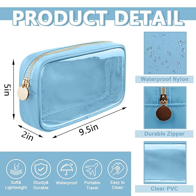 UIXIZQ Clear Small Makeup Bag with Zipper, Nylon&PVC Cosmetic Travel Bag Preppy TSA Approved Toiletry Bag for Women Girls, Transparent Waterproof Makeup Pouches Cute Travel Bag for Purse(Small-Blue)