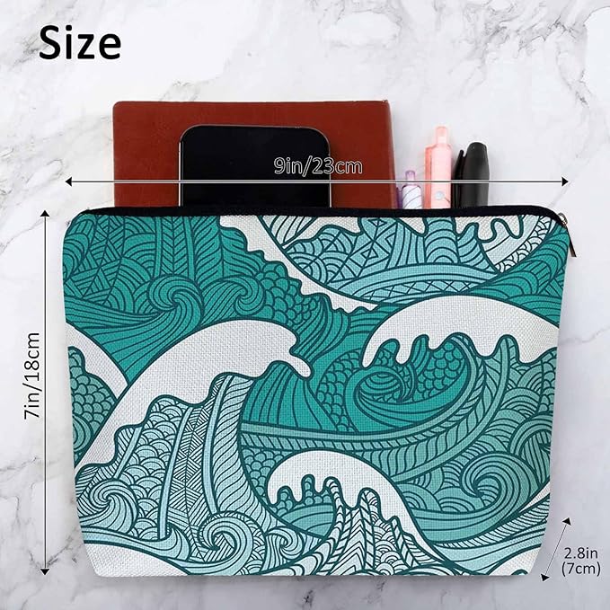 Kalygon Women Makeup Organizer Bag Ocean Waves, Japanese Great Wave Ocean Sea Waves Flax Cosmetic Bag Makeup Bags Toiletry Bag Accessories Organizer Travel Bags For Home Bathroom Office Hotel Gym