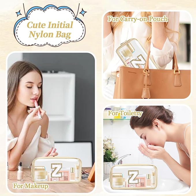 Small Clear Personalized Initial Makeup Bag, Preppy A-Z Chenille Letter Patch Cosmetic Bag, Cute Transparent Nylon Waterproof Zipper Beach Varsity Letter Pouch, Gift for Women Girls(Beige-White Z)