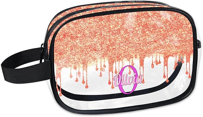 KFNHN Custom Name Makeup Bag Travel Bag, Clear Toiletry Bag Travel Large Capacity Cosmetic Container Organizer for Shampoo, Glittering Orange Curtain Bling
