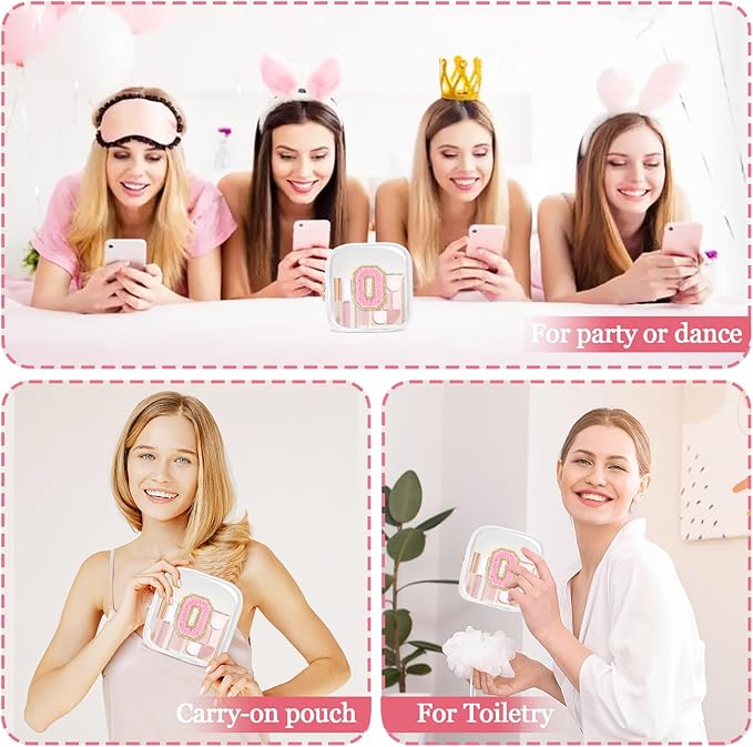 Mini Clear Personalized Initial Makeup Bag,Small Nylon Waterproof Zip Beach Cosmetic Pouch,Preppy A-Z Chenille Letter Patch Cute Coin Purse Travel Toiletry Bag Car Pack Bag for Women(White-Pink O)