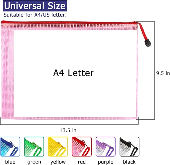 6 Pack Mesh Zipper Pouch Bags, Waterproof Zipper Pouch A4 Size