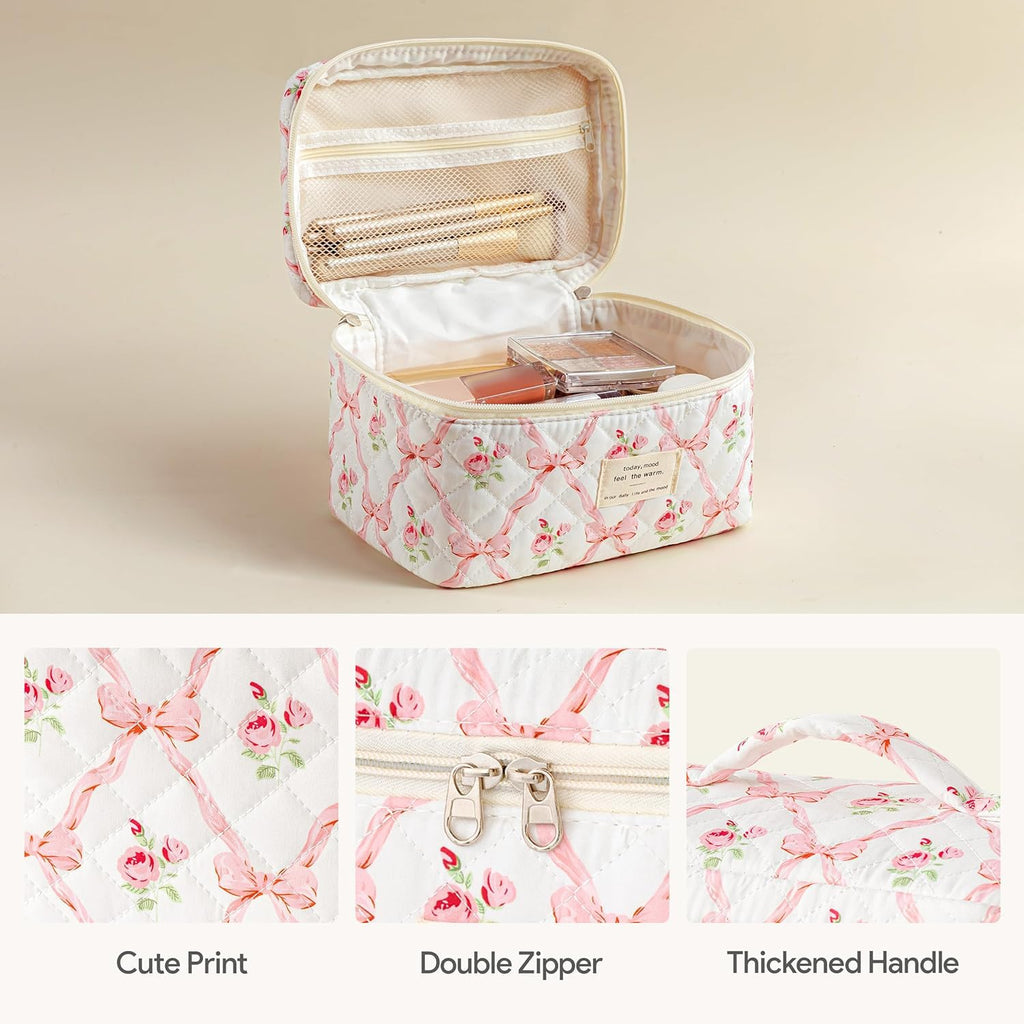 HBselect Quilted Makeup Bag, 3Pcs Cotton Large Travel Makeup Bags Organizer