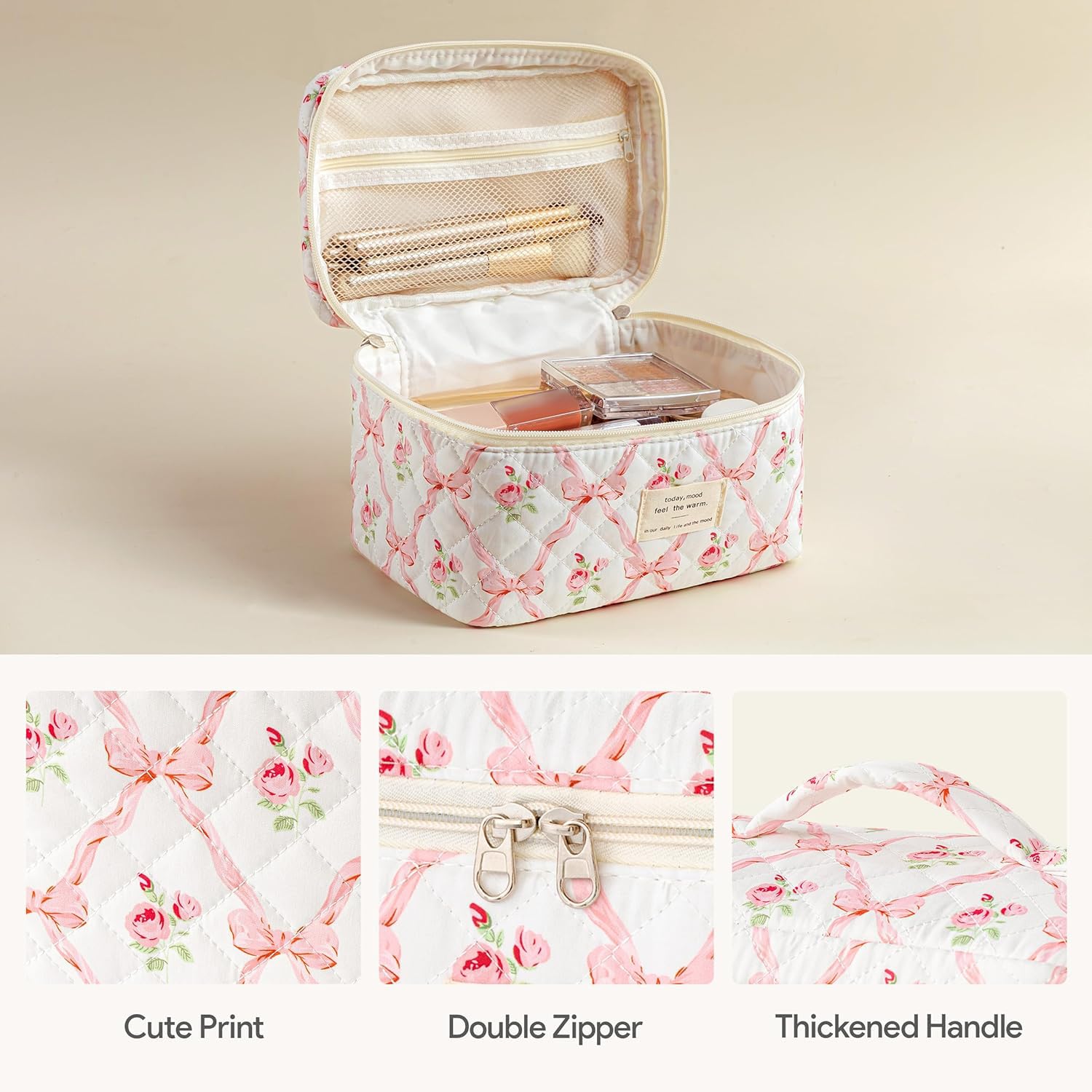 HBselect Quilted Makeup Bag, 3Pcs Cotton Large Travel Makeup Bags Organizer