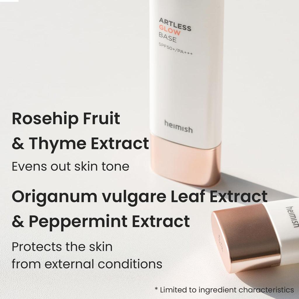 HEIMISH Artless Glow Base Korean Foundation Primer for Face with SPF 50+ PA++++, Makeup Base, Highlighter, Lightweight, Non-greasy, Hydrating, Glow Finish, Korean Skincare Beauty, 1.35 fl oz 40ml