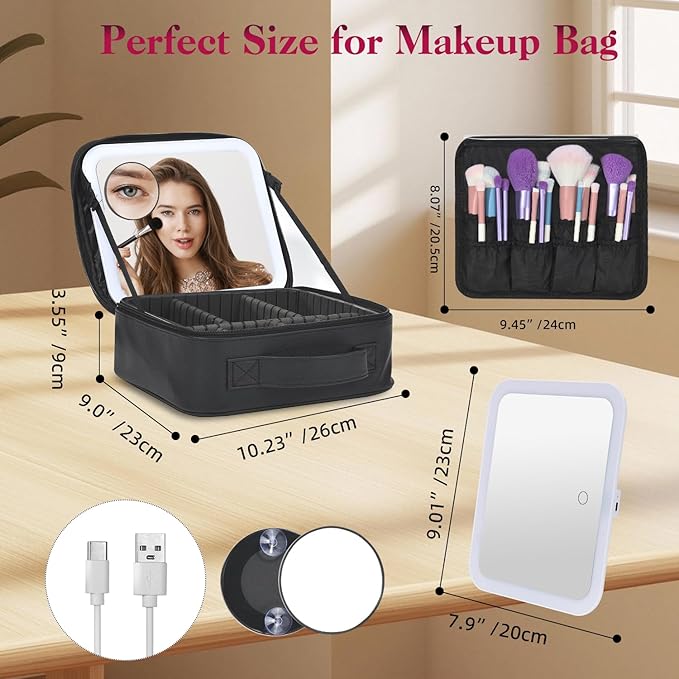 Yaliang Travel Makeup Bag with Mirror & 8 Adjustable EVA Dividers, Black