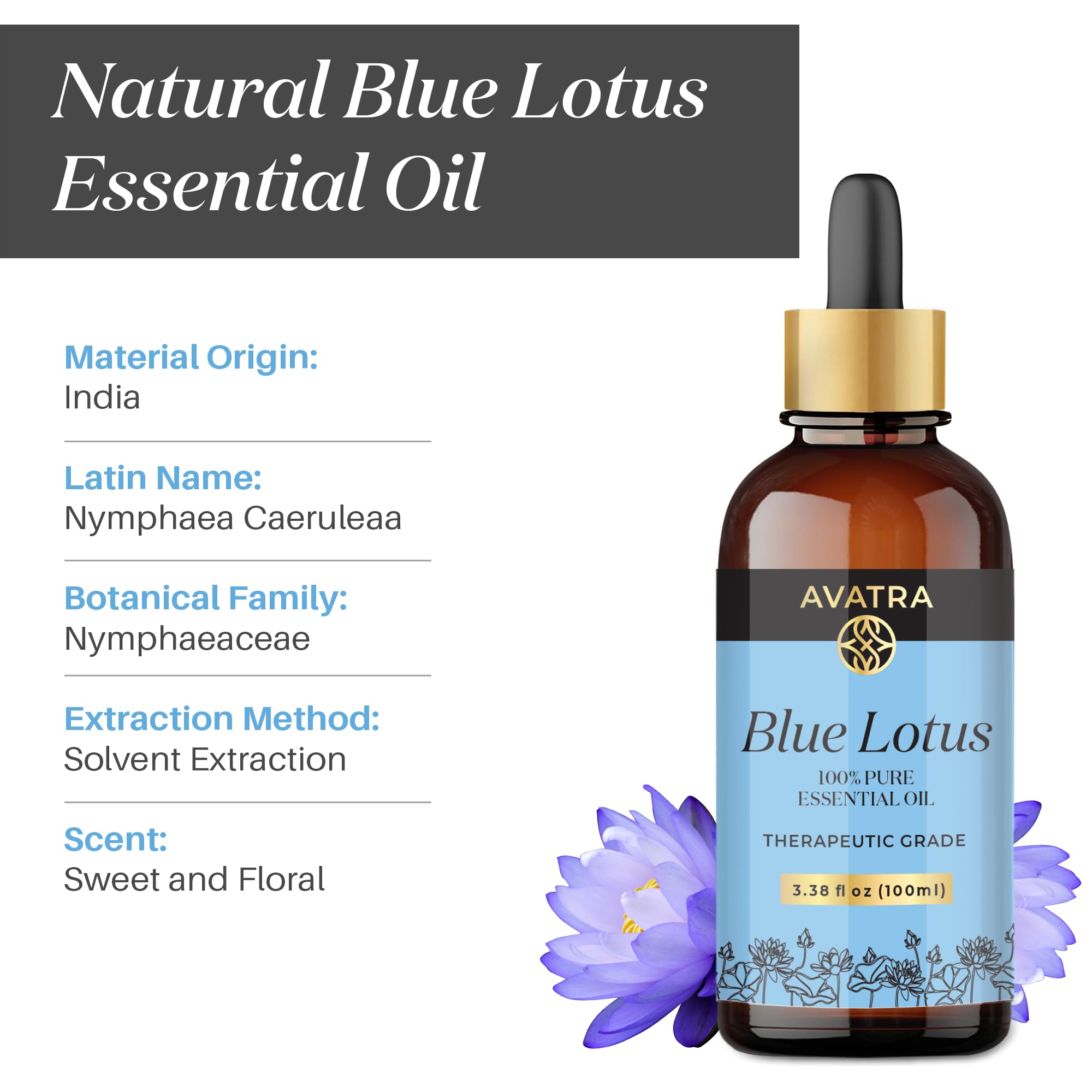 Avatra Blue Lotus Essential Oil for Diffuser, Skin & Candles | Natural & Undiluted Essential Oil | Aromatherapy, Soaps, Candles | Therapeutic Grade Essential Oil- 3.38 Fl Oz