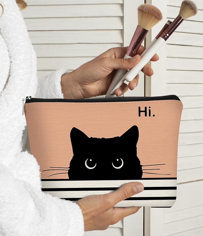 BARPERY Cute Cat Cosmetic Bag, Black Kitty Gifts for Cat Lovers, Makeup Pouch for Women (Peach-1)