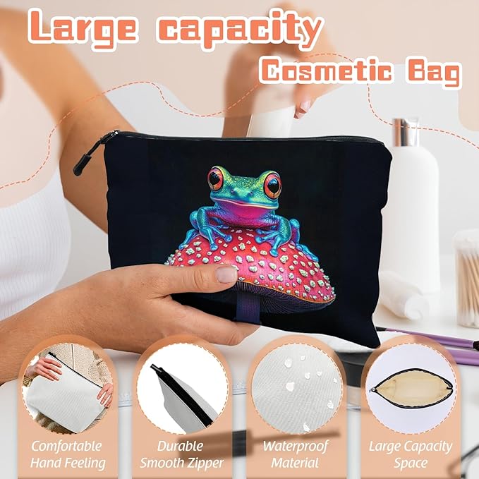 Scribesense Cosmetic Bags Travel Makeup Toilet Case Waterproof Pouch for Women Girls 6.7X9.45inches - Colorful Frog on A Red Mushroom