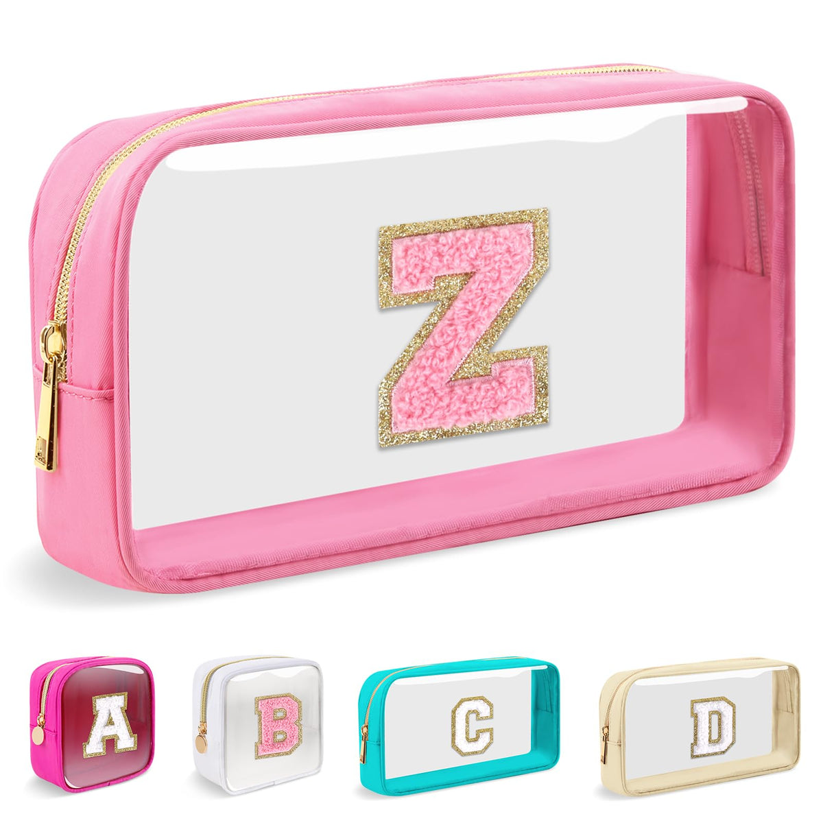 Small Clear Personalized Initial Makeup Bag, Preppy A-Z Chenille Letter Patch Cosmetic Bag, Cute Transparent Nylon Waterproof Zipper Beach Varsity Letter Pouch, Gift for Women Girls(Pink-Pink Z)