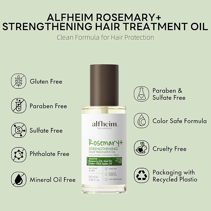 ALFHEIM Rosemary+ Pre-Wash Scalp Oil – Purifying Hair Oil – Hair Treatment and Scalp Clarifying Oil Made with Rosemary Extract – Lightweight Smoothing & Balancing Treatment – Silicone Free – 3.38 oz