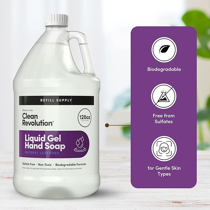 Clean Revolution Liquid Gel Hand Soap Refill with Real Essential Oils – Sulfate-Free Gel Hand Wash, Moisturizing Bulk Refill, Non-Toxic Formula, Made in the USA (Natural Lavender) 128 Fl Oz