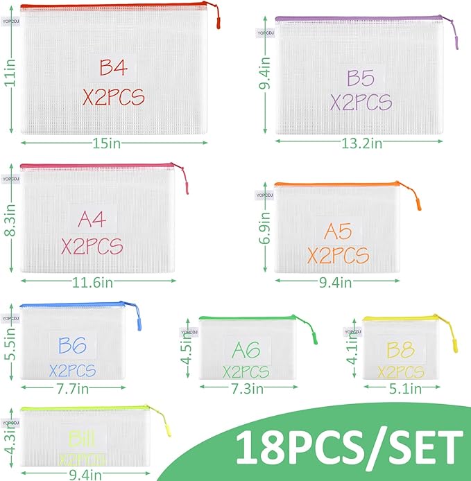 YOPCDJ 18 Pack 8 Size Mesh Zipper Pouch Bags, Waterproof Zipper Bags with Label Pocket,File Bags for Classroom Organization,Zipper Pouches of Office Supplies,Puzzles, Board Game Storage