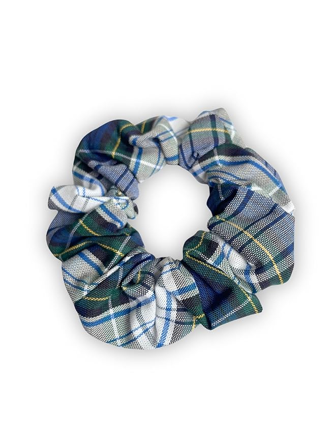 ClassExceed School Uniform Plaid, Plaid Scrunchie, Back to school, handmade school uniform hair accessories (White forest Yellow Navy Plaid80)