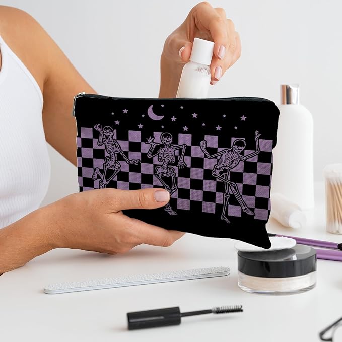 RYYCDOI Funny Gothic Skeleton Makeup Pouch, Halloween Gifts for Women, Witchy & Dark Academia Makeup Bag, Horror Accessory (Purple)