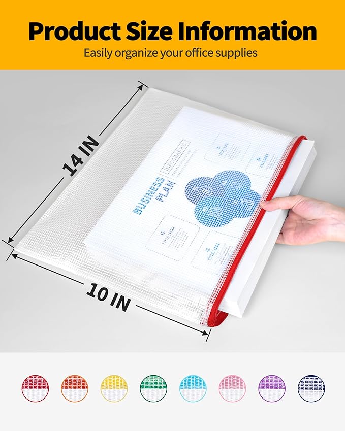 SUNEE Plastic Mesh Zipper Pouch 11x15 in (8 Colors, 24 Packs),Extra Large Water-Resistant Zip Bag for School Office Supplies, Puzzles & Games Organizing Storage