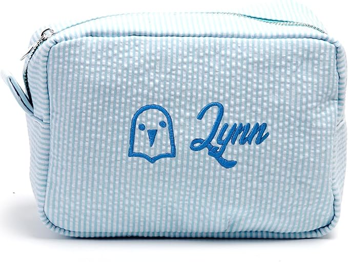 jcyif Custom Makeup Bag Personalized Cosmetic Bag Cute Seersucker Travel Toiletry Bag for Women Embroidered Bag Organizer for Bride Makeup Bag Gift Turquoise