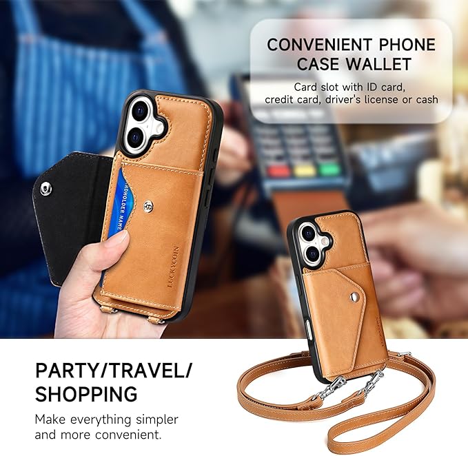 LUCKYCOIN Crossbody Phone Case for iPhone 17,100% Genuine Leather Phone Wallet Case for Women, Fashion Premium Hands-Free Phone Purse with Expandable Flip Card Holder & Adjustable Strap - Retro Tan