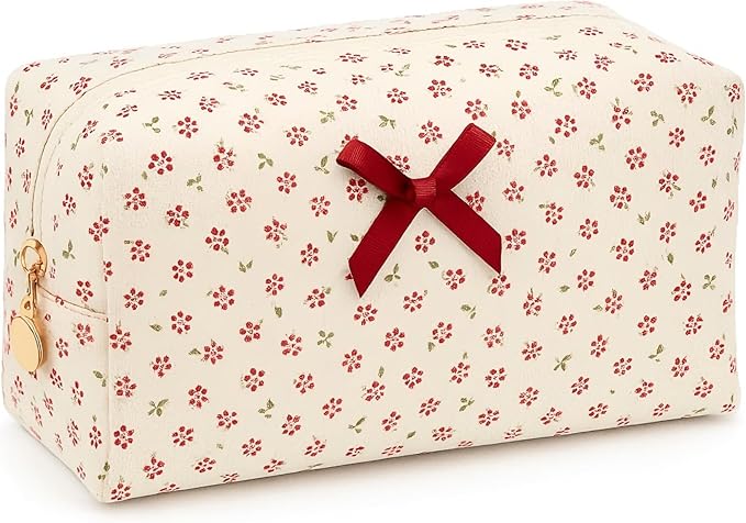 OIMEI Floral Quilted Pouch Cotton Makeup Bag for Women, Large Capacity Travel Cosmetic Pouch with Zipper, Cute Toiletry & Brush Organizer, Kawaii Makeup Storage Case – Red Floral