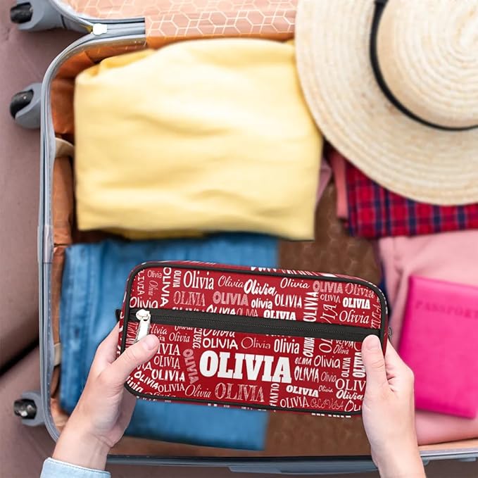 KFNHN Personalized Names Red Travel Cosmetic Organizer Case Portable Bag