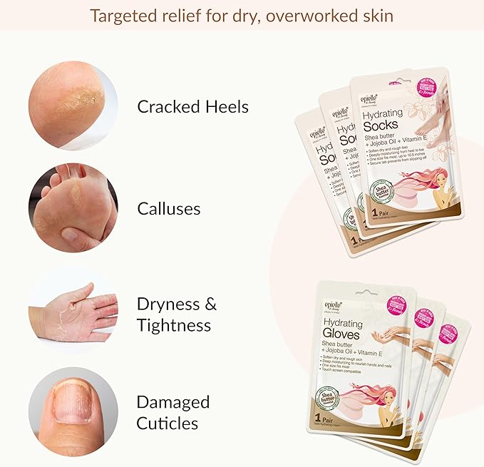 Epielle Hydrating Hand & Foot Masks, Relieve and Soften Dry, Overworked Skin, Self Care Gifts for Women, Spa Kit, 6 Moisturizing Gloves & 6 Moisturizing Socks
