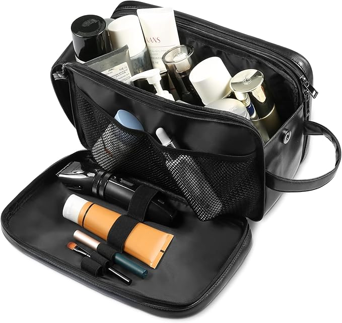 BNSPOCKET Personalized Leather Travel Toiletry Bag for Men, Large Travel Bathroom Shaving Dopp Kit, Large Cosmetic Bag Waterproof