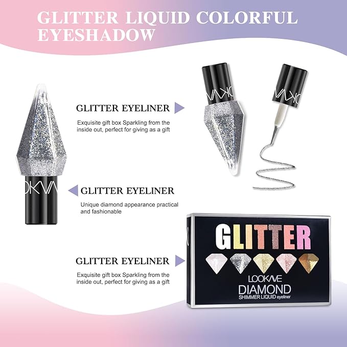 MooGlamor 5 Pcs Liquid Glitter Eyeshadow Set Colorful Eyeliner with Long-Lasting and Waterproof Shinning Eye Shadow Gift for Women Eye Makeup(Diamond A)