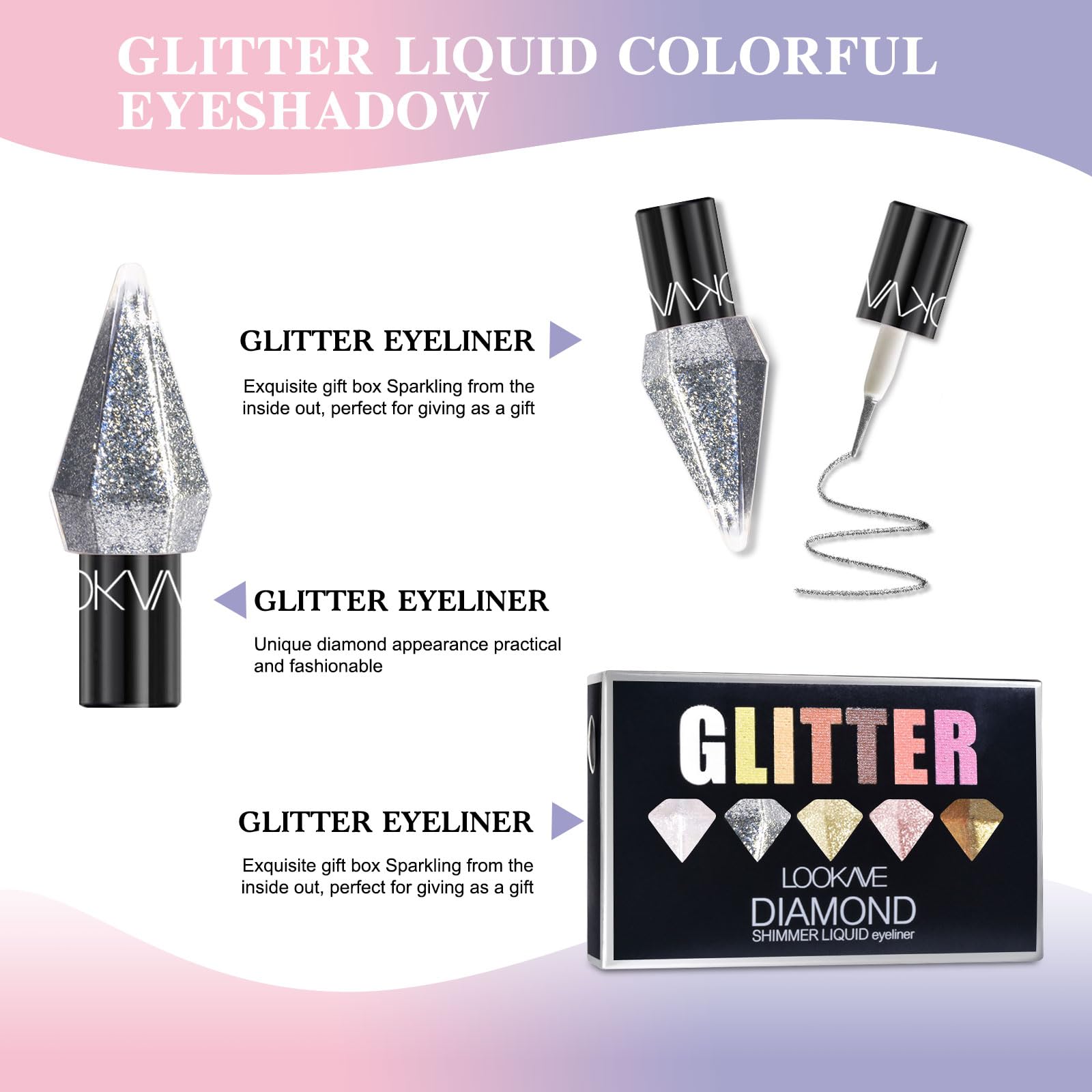 MooGlamor 5 Pcs Liquid Glitter Eyeshadow Set Colorful Eyeliner with Long-Lasting and Waterproof Shinning Eye Shadow Gift for Women Eye Makeup(Diamond A)