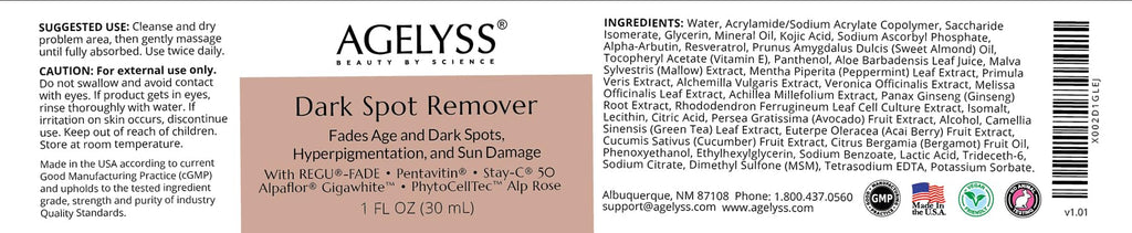 Agelyss Dark Spot Remover – Brightening Serum – Fades Appearance of Dark Spots, Evens Skin Texture, Hydrating & Nourishing – Paraben-Free, Vegan, Cruelty-Free – 1 FL OZ - Pack of 6