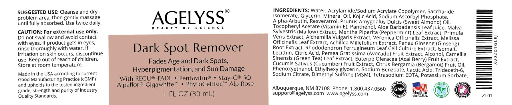 Agelyss Dark Spot Remover – Brightening Serum – Fades Appearance of Dark Spots, Evens Skin Texture, Hydrating & Nourishing – Paraben-Free, Vegan, Cruelty-Free – 1 FL OZ - Pack of 6