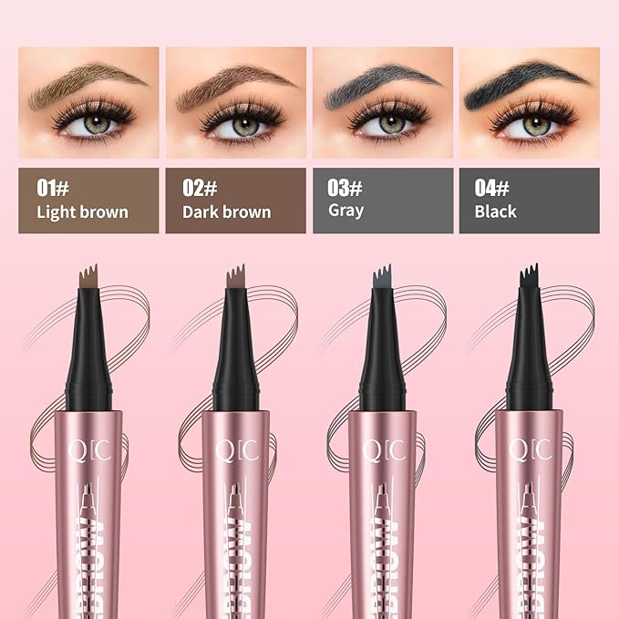 QIC 4-Tip Microblading Eyebrow Pen, Waterproof Brow Marker for Hair-Like Strokes, Quick-Dry Smudge-Resistant, Grey