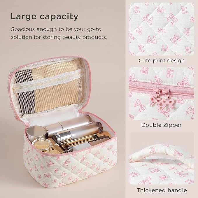 HBselect Quilted Makeup Bag, 3Pcs Cotton Large Travel Makeup Bags Organizer