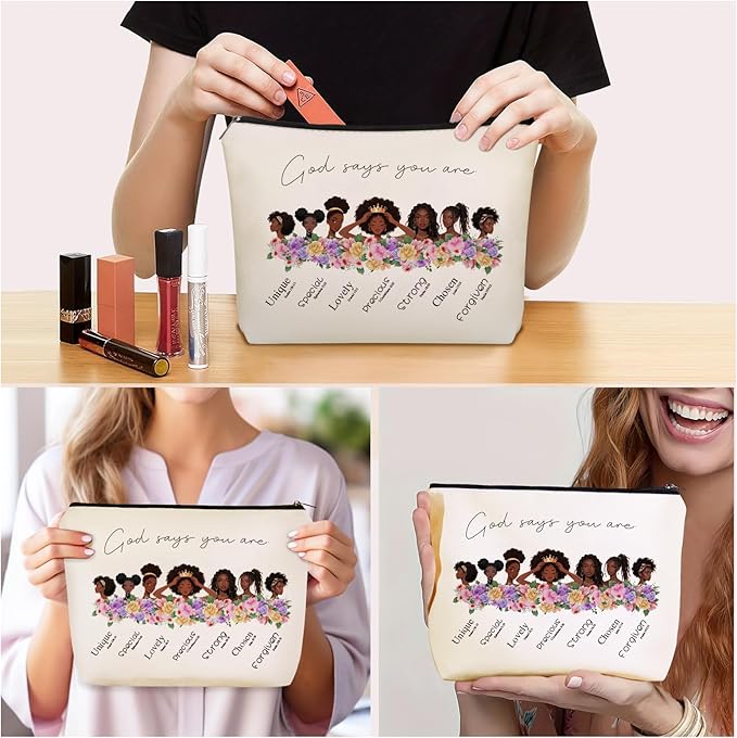 Girlly First Communion Gifts For Girls - God Says You Are Christian Makeup Bag for African American Black Teen Girls & Women, Black Girl Magic Cosmetic & Toiletry Organizer Pouch with Lining.