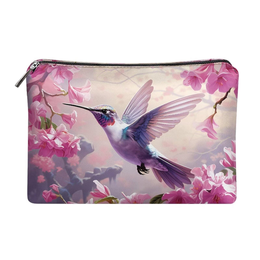 COEQINE Pink Makeup Bag for Women Leather Cosmetic Wallet Pink Hummingbirds Floral Print Cosmetic Purse for Wedding Birthday Party Cute Portable Cell Phone Case