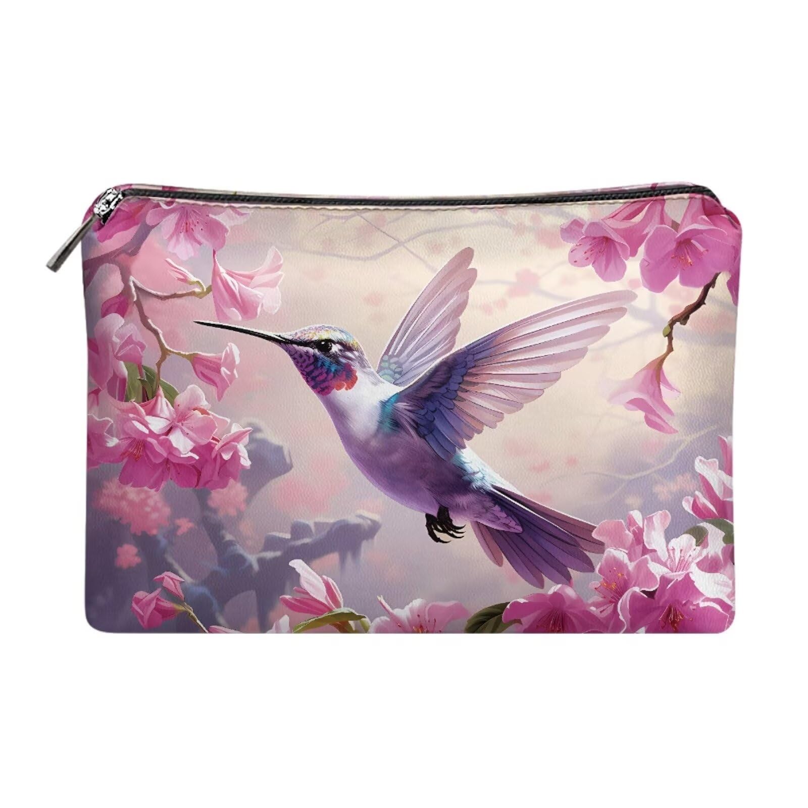 COEQINE Pink Makeup Bag for Women Leather Cosmetic Wallet Pink Hummingbirds Floral Print Cosmetic Purse for Wedding Birthday Party Cute Portable Cell Phone Case