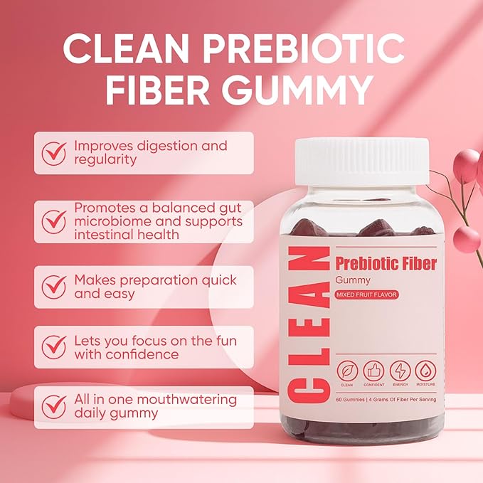 6525080 Clean Prebiotic Fiber Gummy, Clean Fiber Gummies for Men, Men Prebiotic Supplement for Digestive Gut Health, Non-GMO, 60 Gummies / 4g Fibers Per Serving