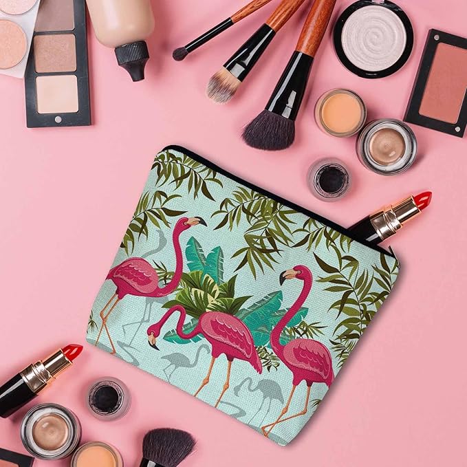 Kalygon Women Makeup Organizer Bag Flamingo Exotic Flamingo Tropical Palms Flax Cosmetic Bag Makeup Bags Toiletry Bag Accessories Organizer Travel Bags For Home Bathroom Office Hotel Gym Pink Green