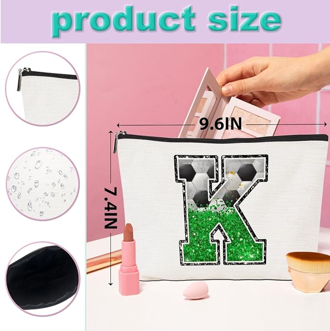 CQM Soccer Gifts Initial Makeup Bag Soccer Girl Gifts Cosmetic Bag Letter K