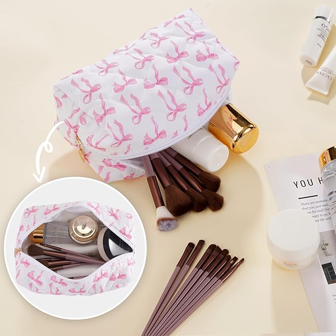 UUYUUY Makeup Bag Travel Toiletry Bag for Women, Small Cosmetic Bags Cute Quilted Cotton Makeup Pouch for Purse Emergency Bag Pencil Case Accessory Bag, Ribbon Bow