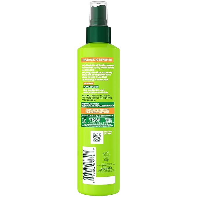 Garnier Fructis Sleek & Shine 10-in-1 Leave In Conditioner Spray for Dry, Frizzy Hair, Heat Protectant Up to 450F with Argan Oil & Plant Keratin, Provides Flyaway and Frizz Control, 8.1 Fl Oz