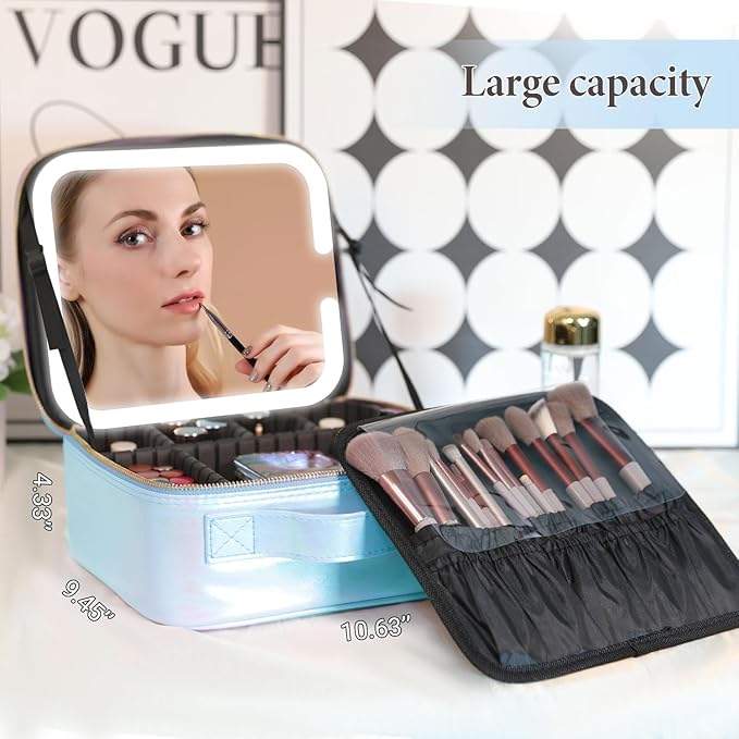 Behaesty Travel Makeup Bag with LED Lighted Mirror, Cosmetic Makeup Organizer Bag with 3 Color Setting, Makeup Train Case with Adjustable Dividers for Women Makeup Brushes Jewelry Accessories