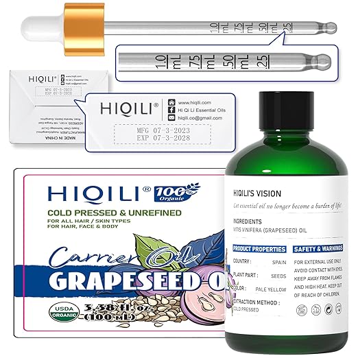 HIQILI Organic Grapeseed Oil Cold Pressed for Skin, Hair & Skin Care