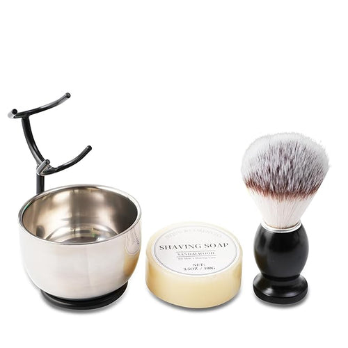 4pcs Men's Shaving Brush Set with Soap, Steel Bowl and Razor Stand