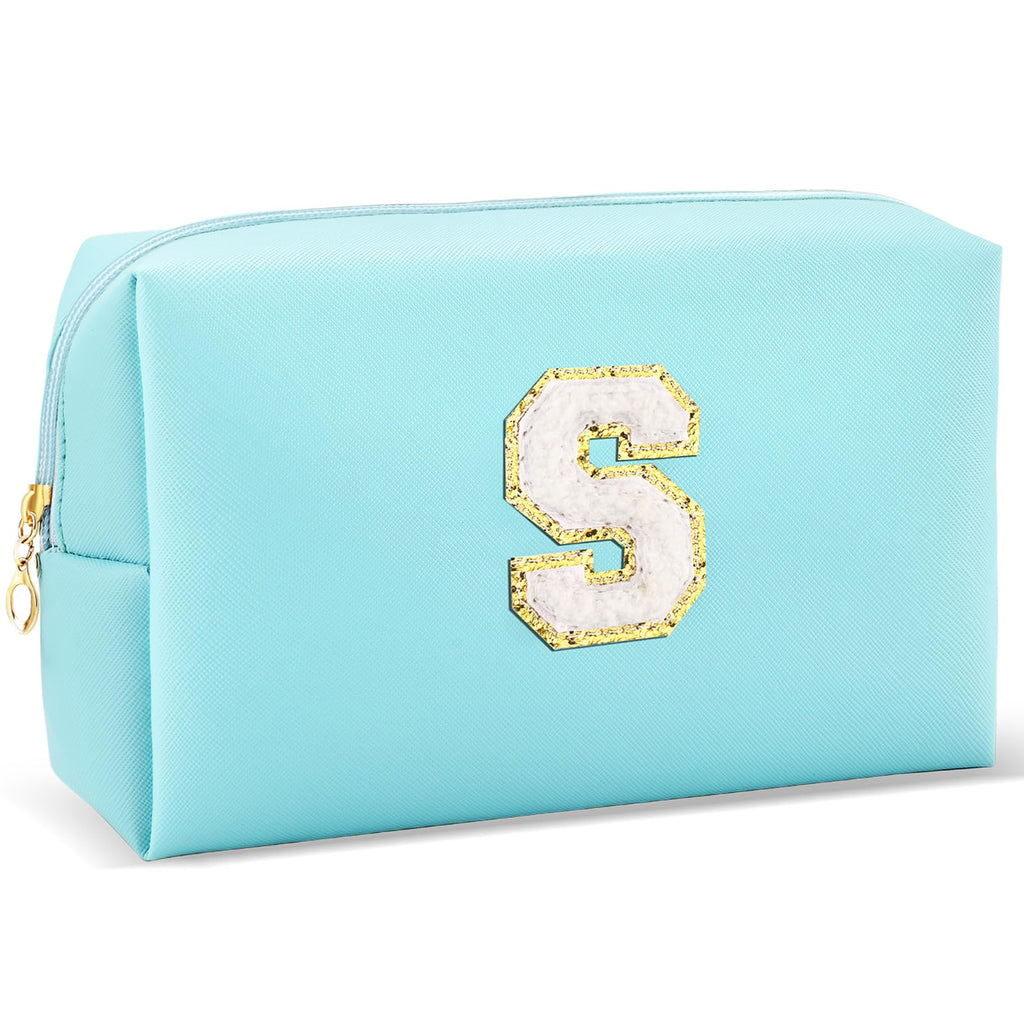 URSKYTOUS Gifts for Girls Initial Makeup Bag Personalized Cosmetic Bag with Zipper Cute Travel Toiletry Bag Waterproof PU Preppy Makeup Pouch Birthday Gift for Teen Girls Women(Blue S)