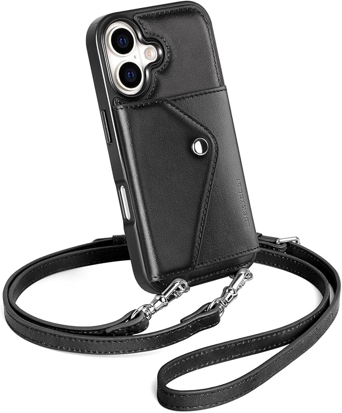 LUCKYCOIN Crossbody Phone Case for iPhone 17,100% Genuine Leather Phone Wallet Case for Women, Fashion Premium Hands-Free Phone Purse with Expandable Flip Card Holder & Adjustable Strap - Retro Black