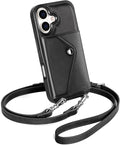 LUCKYCOIN Crossbody Phone Case for iPhone 17,100% Genuine Leather Phone Wallet Case for Women, Fashion Premium Hands-Free Phone Purse with Expandable Flip Card Holder & Adjustable Strap - Retro Black