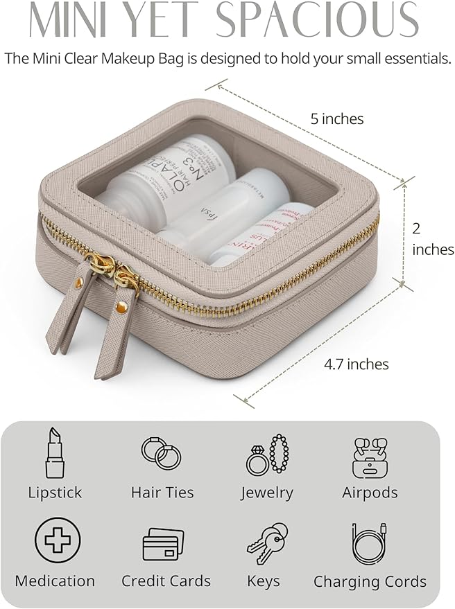 Popvibe Clear Makeup Bag Travel Cosmetic Case Toiletry Bag with Zipper Make Up Organizer Traveling Compact Car Bag Stone Mini